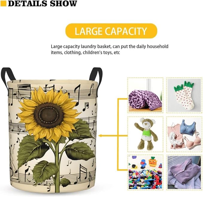 Sunflower Music Notes Laundry Basket,Laundry Hamper,Collapsible Storage Bin, Oxford Fabric Clothes Baskets,Nursery Hamper For Home,Office,Dorm,Gift Basket