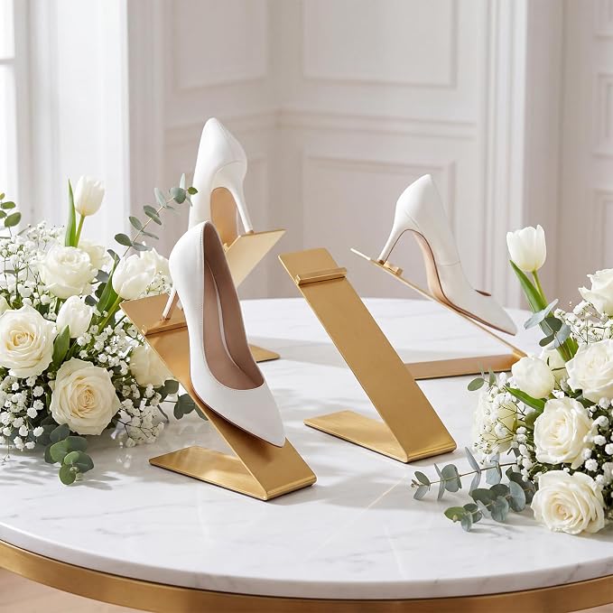 Therwen 12 Pcs Gold Shoe Display Stand Shoe Rack Stainless Steel Golden Metal Riser High Heel Display Rack Holder for Home Shopping Malls (Shape V,Golden)