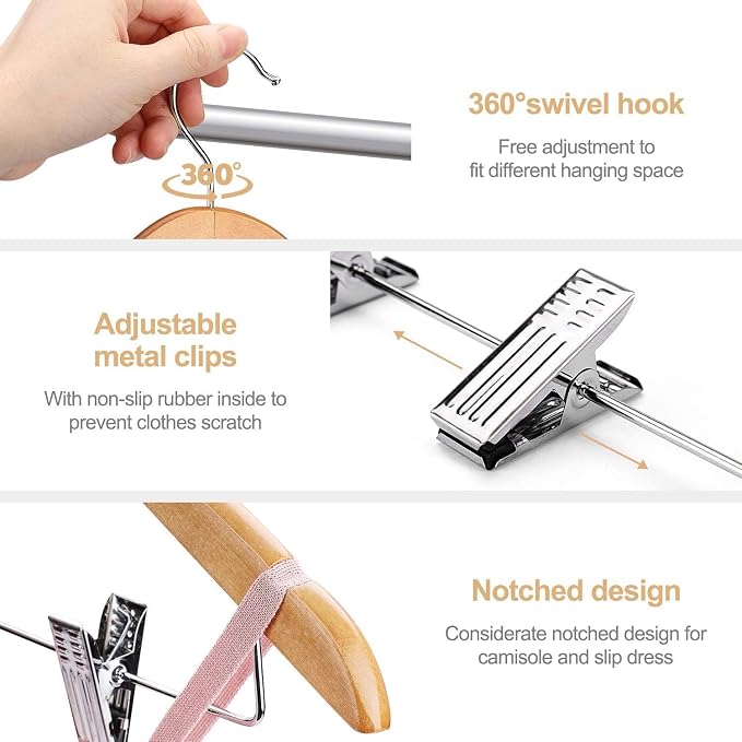 HOUSE DAY Wooden Hangers with Clips 72 Pack,Wooden Suit Hangers Skirt Hangers Solid Wood Pants Hangers Natural Smooth Finish Wood Hangers with Durable Metal Clips for Blouse, Dress, Coat, Jacket