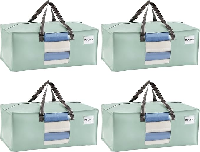 VENO 4 Pack Heavy Duty Moving Bags, Packing Bags with Clear Window, Alternative to Moving Boxes, Storage Bins for Clothes, Blankets, Comforters, College Dorm Essentials (Shiny Light Green, 4 Pack)