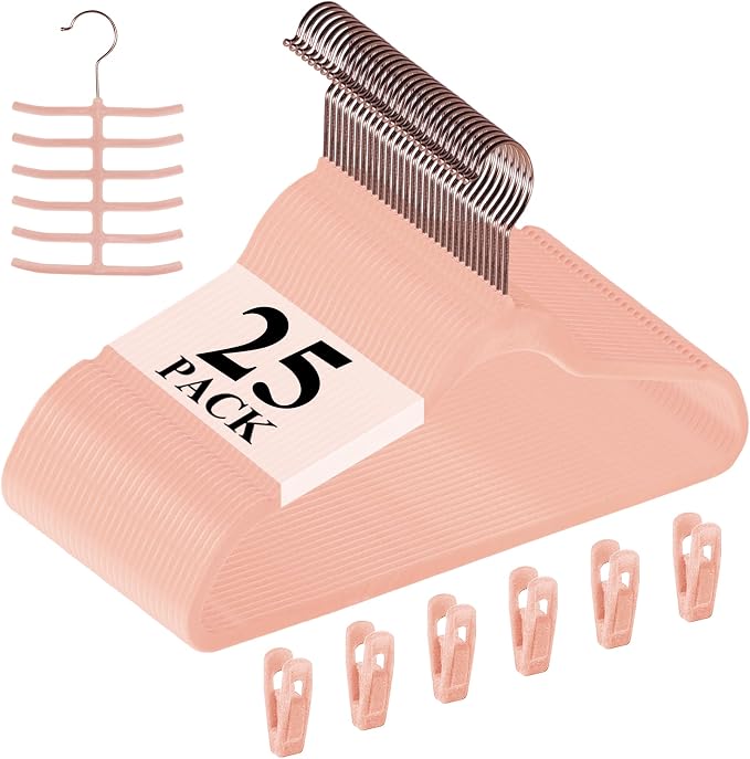 VECELO Premium Velvet Clothes Hangers Suit Heavy Duty (25 Pack)-Non Slip & Space-Saving with 6 Finger Clips & Tie Rack Excellent for Men and Women，Pink