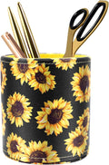 Pen Holder, Pencil Cup Desk for Women Girls, Luxury Makeup Brush Holder Large Pu Leather Multi-Functional Organizer Cup for Office, Classroom, Home, Sunflower