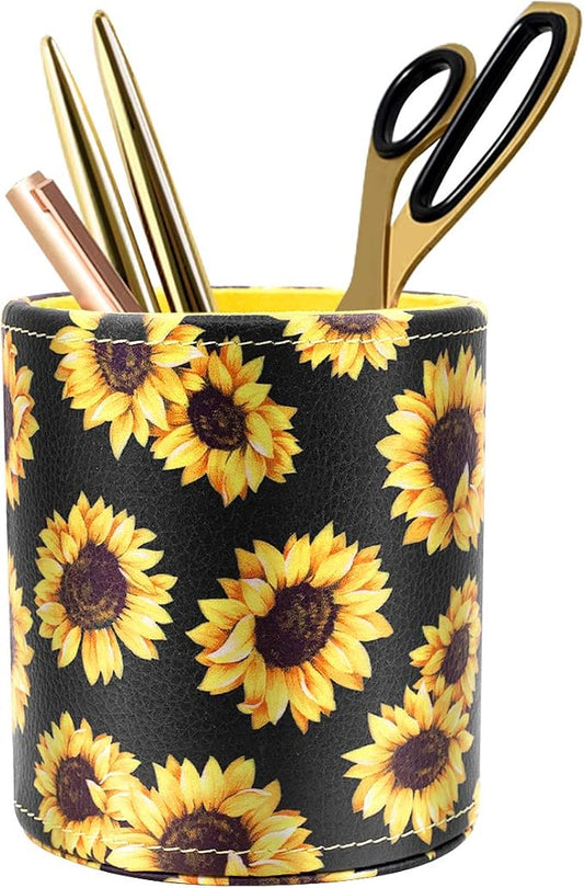 Pen Holder, Pencil Cup Desk for Women Girls, Luxury Makeup Brush Holder Large Pu Leather Multi-Functional Organizer Cup for Office, Classroom, Home, Sunflower
