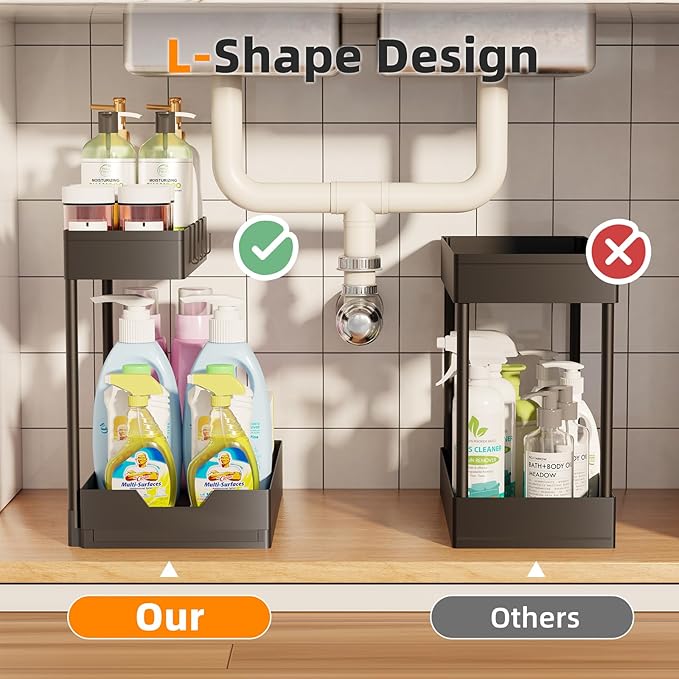 Simple Trending Under Sink Organizer 2 Pack, 2 Tier Cabinet Organizer with Sliding Basket, Multi-Purpose Sink Storage Basket with 4 Hooks for Kitchen Bathroom, Black