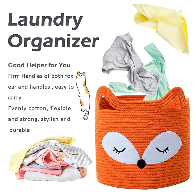 VK VK·LIVING Fox Toy Basket Cotton Rope Animal Baskets Orange Laundry Hamper for Toys, Clothes,Gifts,Towels, Blankets, Empty Gift Basket for Organizing with Handles 15''x14''