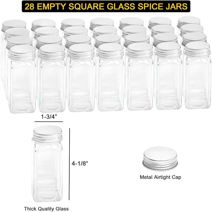 SpaceAid Spice Rack Organizer with 28 Spice Jars, 386 Spice Labels, Chalk Marker and Funnel Set for Cabinet, Countertop, Pantry, Cupboard or Door & Wall Mount - 28 Jars, 13.4" W × 10.8" H, Black