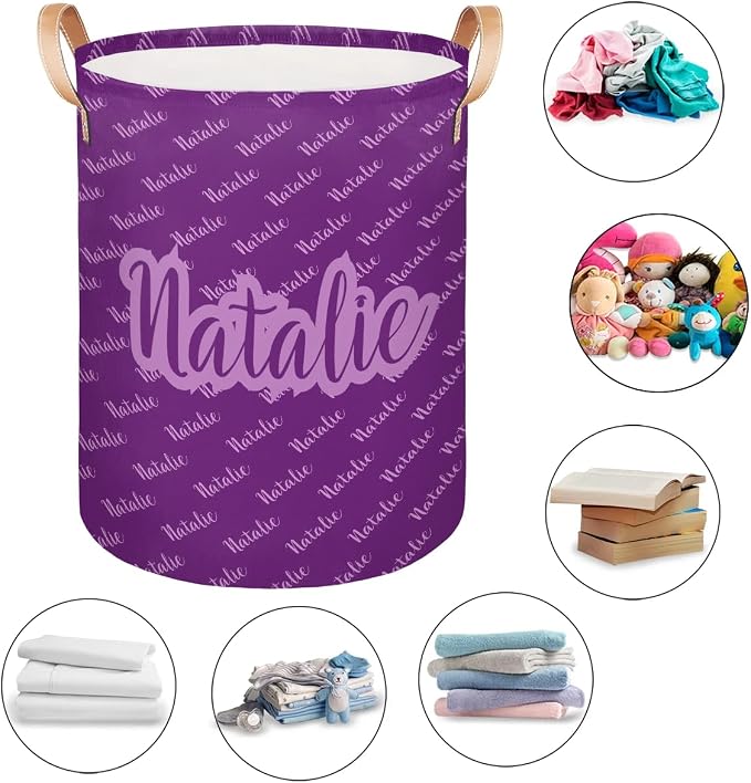 Personalized Laundry Basket, Custom Gift Laundry Hamper, Collapsible Nursery Waterproof Laundry Baskets, Dirty Clothes Toy Hamper with Handles Name Text Purple