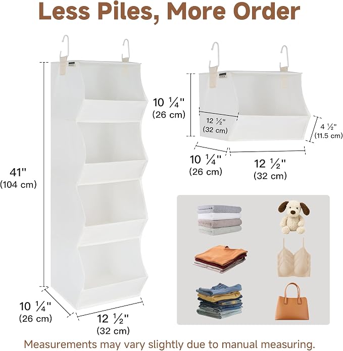 StorageWorks Basics Hanging Closet Organizer, 4-Shelf Wide Trapezoid Closet Shelves with Reinforced Anti-Sagging Support for Sweaters, Hoodies and Handbags, Foldable Storage Organizer, Beige