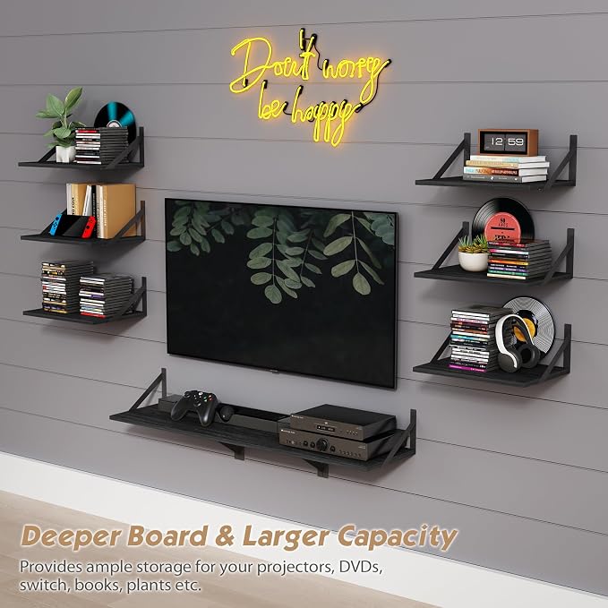 Forbena 12 Inch Deep Floating Shelves for Wall, Wide Black Wall Mounted Shelves for Bedroom Office Books Plants, Large Hanging Shelf for Living Room Bathroom Kitchen Closet Pantry Storage (3-Pack)