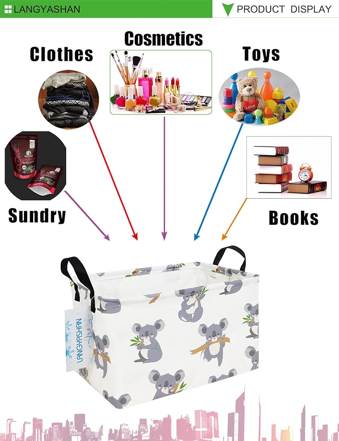 Rectangular Collapsible Gray Koala Storage Basket Nursery Toy Organizer | Storage Bin Foldable Canvas with Handles for Organizing Home Kitchen Children Toys Office Closet Shelf Baskets