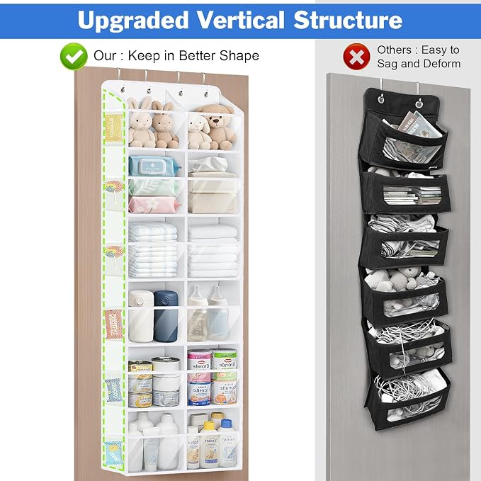 Univivi Over the Door Organizer, 6 Tiers Behind Door Storage with Clear Deep Pockets Hanging Organizer for Closet, Bedroom, Nursery, Bathroom and Sundries (White)