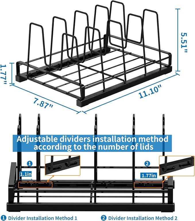 Adjustable Food Container Lid Organizer with 5 Dividers, Full Metal Pot and Pan Organizer Rack for Kitchen Cabinets, Drawers, Cupboards, Pantry Shelves Storage, Black