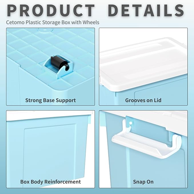 Cetomo Lidded Storage Bin with Handle, Tote Organizing Container with Wheels, Lid and Secure Latching Buckles, Stackable and Nestable, Plastic, 95 Quart-4 Pack, Blue