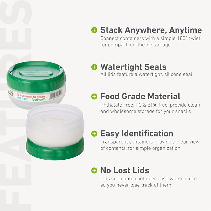 humangear STAX, Stackable Snack Containers - Leak-Proof Snack Travel System - FDA-Food Safe, BPA/PC/Phthalate-Free - Stackable & Click-Together Food Storage, Medium Short 12-Pack, Clear/Forest Green