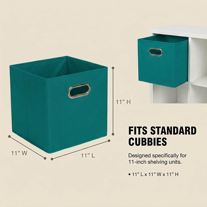 Household Essentials Fabric Storage Bins in Strong Poly‑Woven Fabric, Sturdy Chipboard Sides, Grommet Front Handle, Teal Green, Set of 6