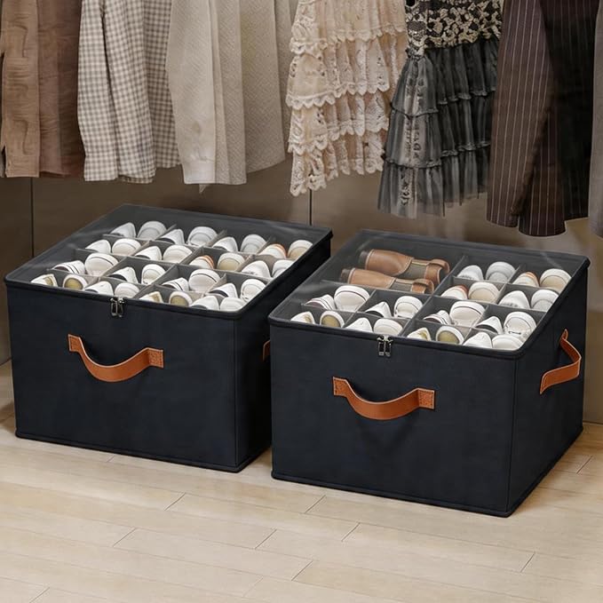 Fabric Shoe Organizer for Closet, 3 Pack Shoe Storage Organizer with Clear PVC Cover and Adjustable Dividers, Fits 24-48 Pairs – Shoe Organizer Box Foldable & Dustproof