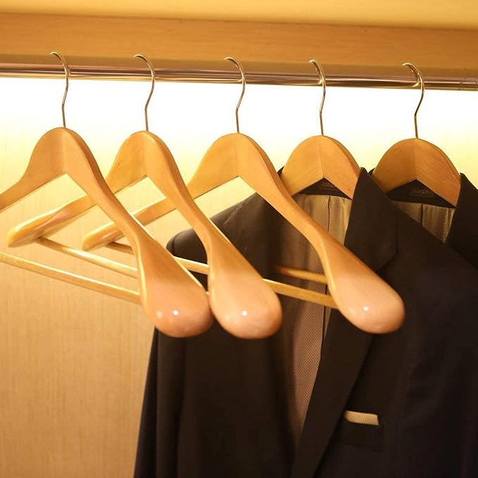 JS HANGER Wooden Suit Hangers, 6 Pack Extra-Wide Shoulder wood Coat Hangers with Non Slip Pant Bar, Extra Smooth and Splinter Free Natural Finish