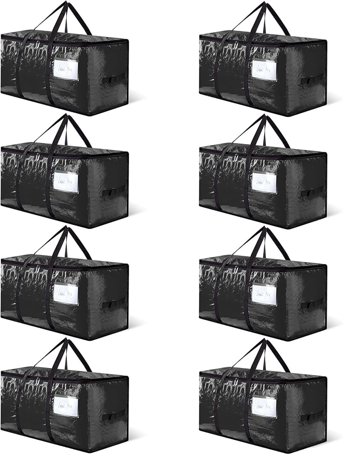 CONGREGATE 8-Pack Heavy Duty Black Moving Bags with Zippers and Handles, Heavy Duty Storage Handbags for Space Saving, Made of PE, 97 Liters/25.6 Gallons (28.7 Inch x 13.7 Inch x 15 Inch)
