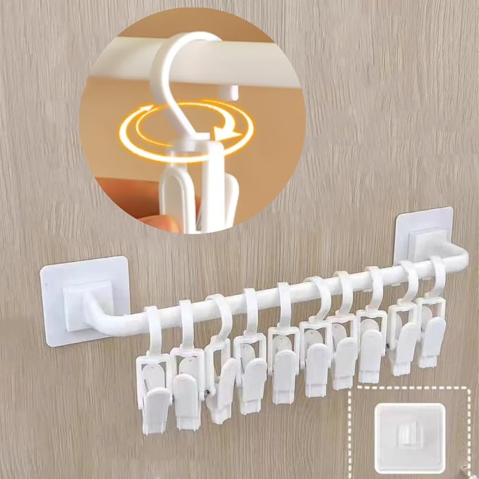 Kid Pants Hanger Organizer with 10 Clips - White & Plastic | Baseball Cap Display Holder, Closet Rail Wall Mounted Door Rack for Drying Baby Socks, Towel, Hats, Toddler Leggings
