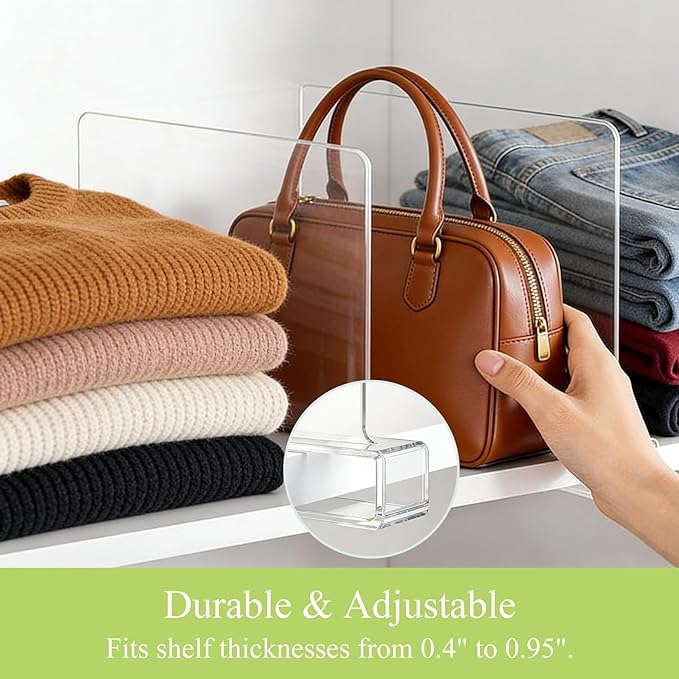 Acrylic Purse Organizer for Closet Shelf Dividers Organization Enthusiasts | Sturdy Shelf Dividers Closet Organizers for Clothes Towel Handbag - Clear Separators for Home Kitchen Office Space Saver