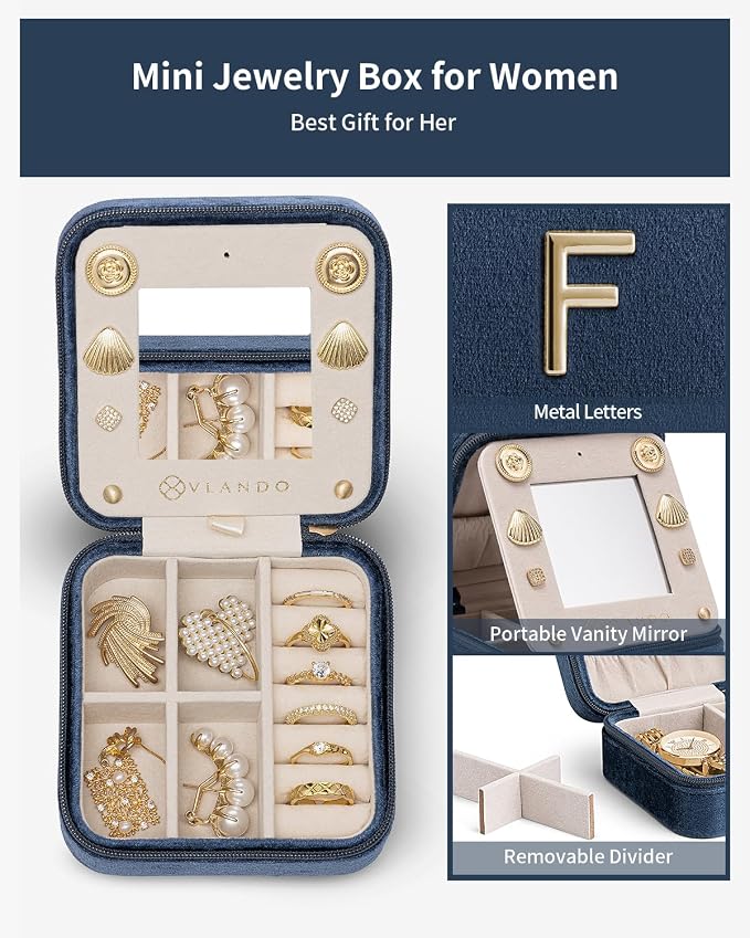 Vlando Jewelry Box for Aunt Gifts from Niece Nephew, Birthday Gifts for Aunt Auntie, Unique Gifts for Aunt Auntie Travel Jewelry Case, Auntie Gifts for Wedding Anniversary - Letter F, Dark Blue