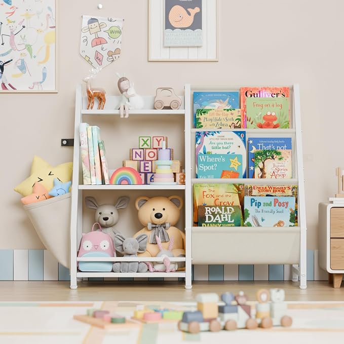 LATIBELL 3 Tier Kids Bookshelf and Toy Storage, Kids Book Sling Shelf, Montessori Baby Toddler Bookshelf for Kid, Kid Bookcase, Toy Storage Organizer (White)