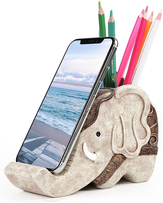 MOKANI Elephant Pencil Holder with Phone Stand, Elephant Gifts for Women | Office Home Desk Organizer Accessories Cute Desk Decor Decorations Thanksgiving Christmas Christmas Gift