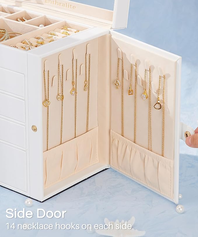 Enthralite Jewelry Box with 4 Drawers : Jewelry Display Organizer for Earrings Necklaces - Gift for Girls Women | White