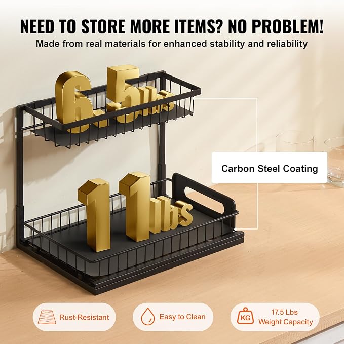 VEVOR 2 Tier Pull Out Cabinet Organizer(10.7"W x 14.2"D), Under Sink Organizer and Storage, Slide Out Drawer Cabinet Organizer, Wire Basket Sliding Storage, 12.5"Wx15.5"Dx13"H Install Size for Cabinet | Kitchen Slide Out Drawer Wire Basket Sliding Stor...