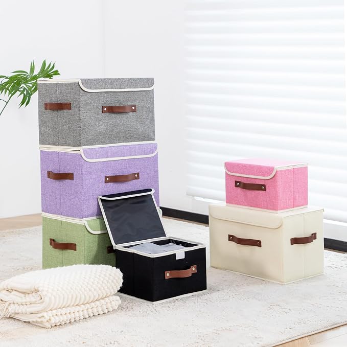 2PCS Collapsible Storage Boxes Baskets with Lid Cotton Linen Fabric Storage Bins with Faux Leather Handles Washable Cube Organizer Container for Home Closet Bedroom Purple Small Size