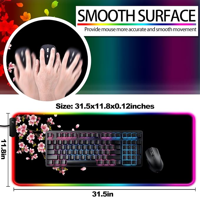 RGB Japanese Cherry Blossom Gaming Desk Mat, Computer Keyboard Large Extended Flowers LED Mouse Pad for Office and Home, 31.5×11.8 Inches, XL, Black