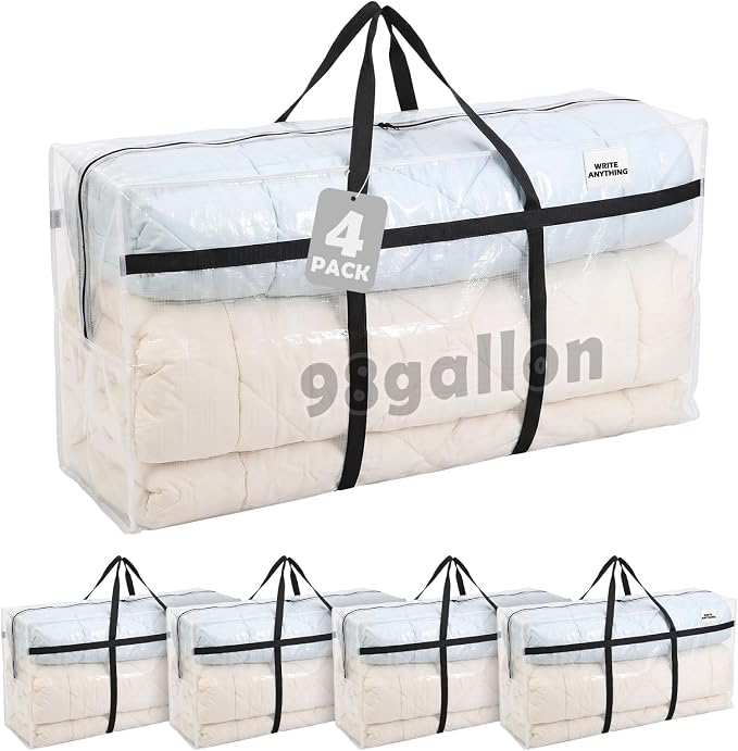 Windyun 4 Pack 98 Gallon Extra Large Moving Bags XXL Heavy Duty Storage Bag with Strong Zipper Handle Jumbo Big Tote Box Foldable for College Dorm Travel Clothes Duffle Blanket Pillow(Transparent)
