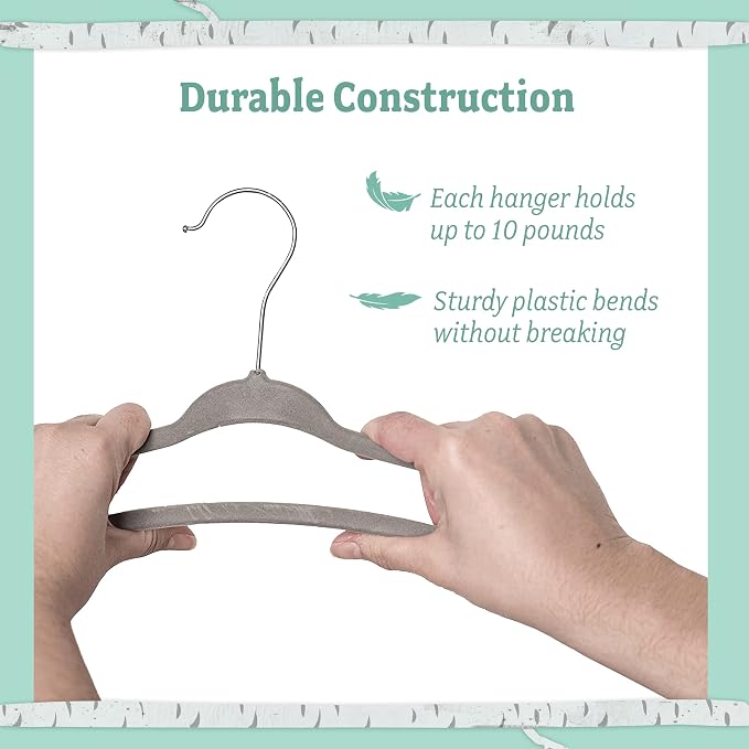 Kids Plastic Velvet Hangers for Closet, Children Non-Slip Hangers Dividers for Nursery Closet Organizer, Grey - Pack of 15