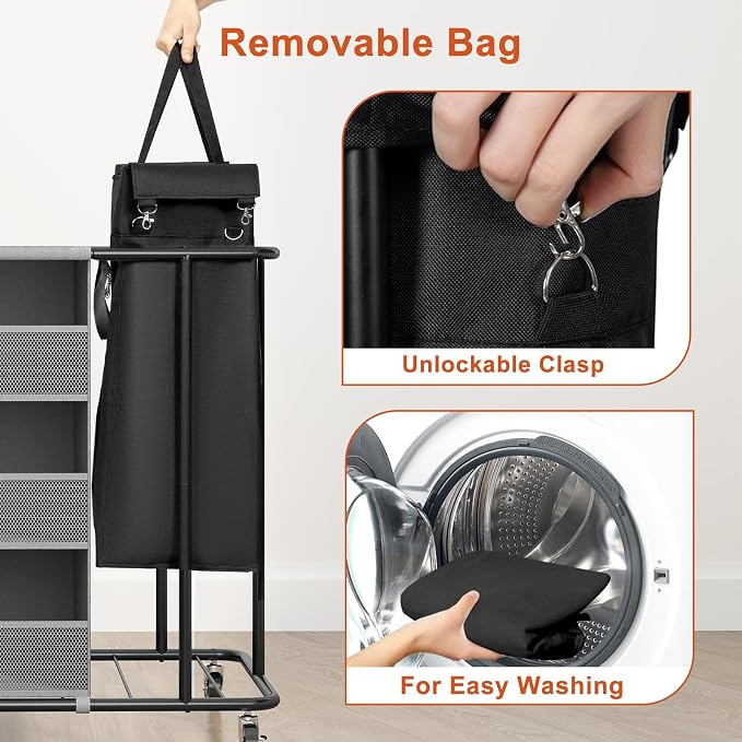 WOWLIVE Laundry Sorter 2 Section, 200L Rolling Laundry Hamper with Wheels | Laundry Cart with Steel Frame, Laundry Basket with Hanging and Removable Bag, Storage Unit Basket Organizer for Dorm, Black
