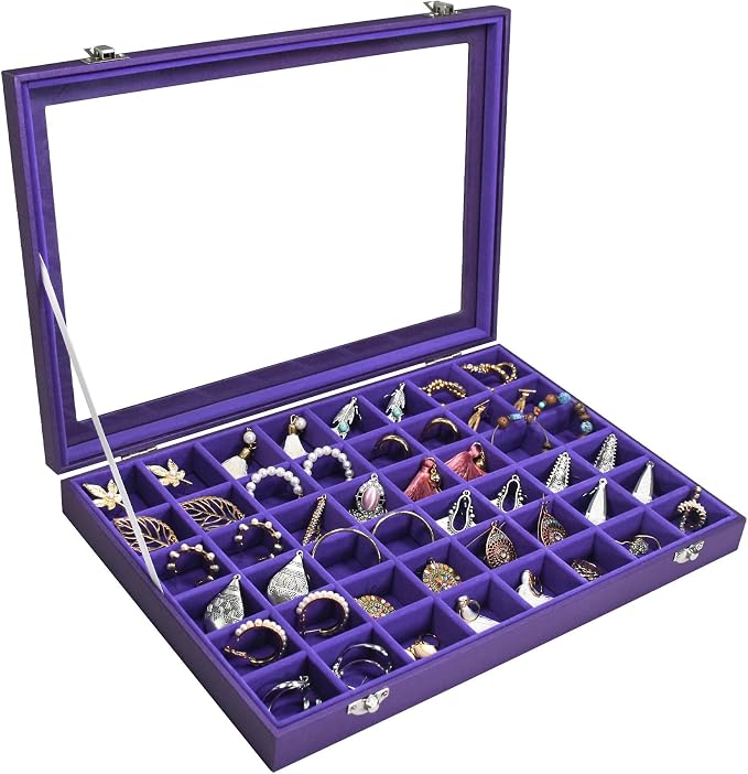 Siveit Jewelry Tray Organizer Box 48 Grid Jewelry Display Organizer Box with Transparent Lid Rings Earrings Necklaces Pendants Display Box Suitable for Women and Girls (48 Grid, Purple)