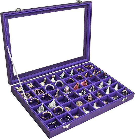 Siveit Jewelry Tray Organizer Box 48 Grid Jewelry Display Organizer Box with Transparent Lid Rings Earrings Necklaces Pendants Display Box Suitable for Women and Girls (48 Grid, Purple)
