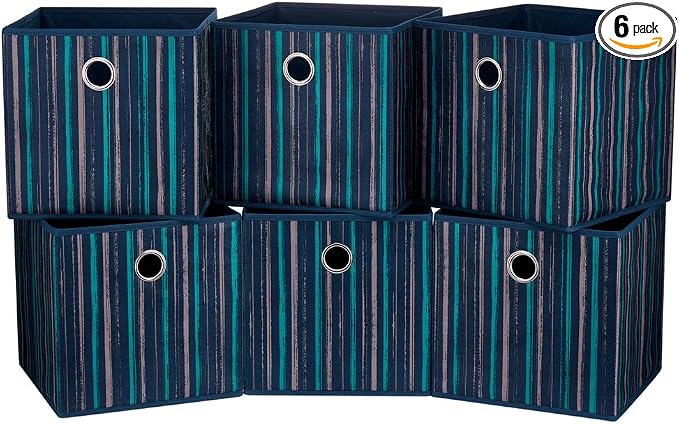 Fabric Storage Cubes Bins Blue Teal Printed Vertical Stripe Cubicle Bins 11x11x11 In Foldable Storage Cube Boxes Storage Baskets Inserts Cube Drawer for Organizers Storage QY-SC17-6