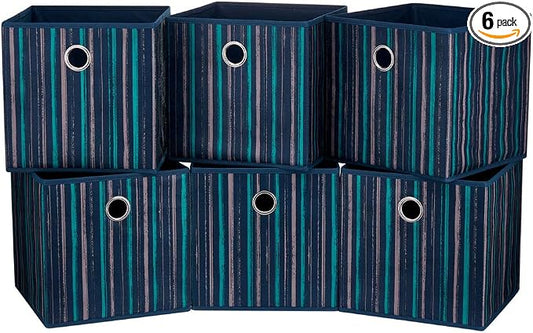 Fabric Storage Cubes Bins Blue Teal Printed Vertical Stripe Cubicle Bins 11x11x11 In Foldable Storage Cube Boxes Storage Baskets Inserts Cube Drawer for Organizers Storage QY-SC17-6