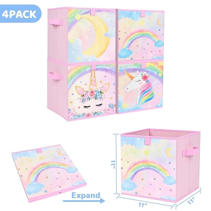 WERNNSAI Cube Storage Bins - 4 Pack Fabric Foldable Storage Cube Organizer for Kids Decorative Storage Baskets with Handles 11" x 11" Home Closet Nursery Room Bedroom (Unicorn)