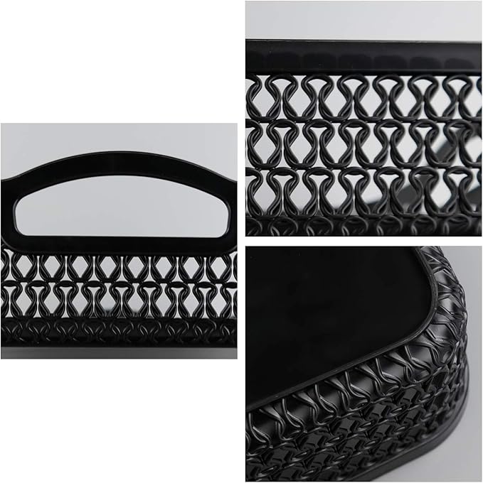 Large Plastic Storage Basket Tray with Handle, Black, Pack of 6