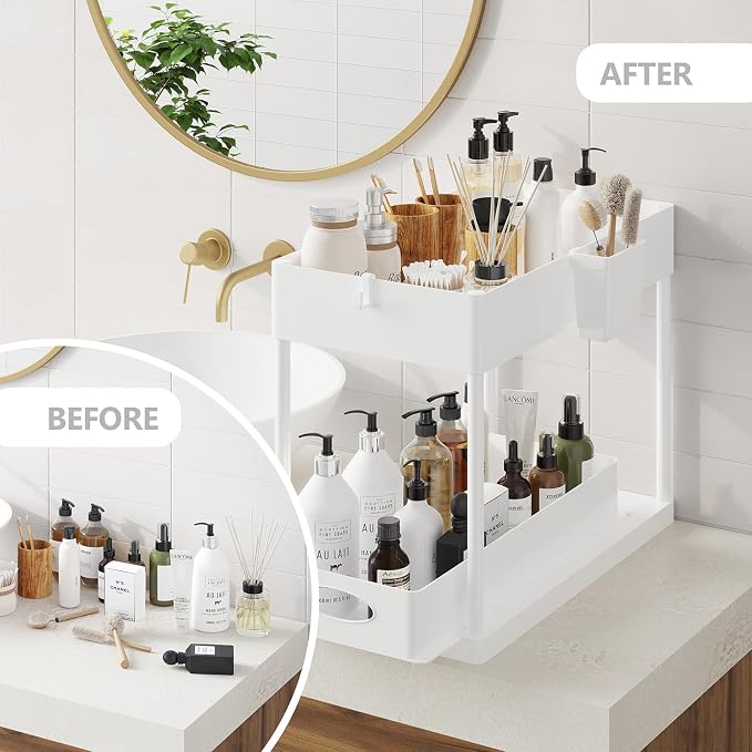 Under Sink Organizers and Storage | Bathroom Cabinet Organizer, Sink Shelf with Utility Hooks and Side Caddy for Under Cabinet Storage | White (1-Pack) Under Kitchen Sink Organizer with Sliding Drawer