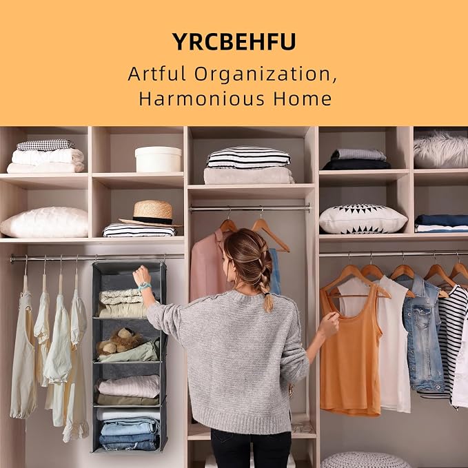 2 Packs Hanging Closet Organizer, 6-Shelf Closet Organizers and Storage with Side Pockets, Collapsible Hanging Shelves for Closet & RV & College Dorm,Beige