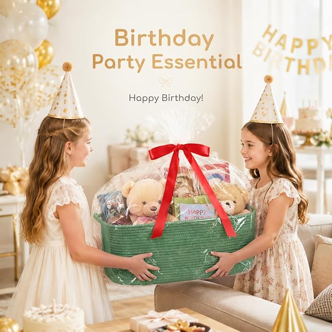 OIASKET Large Empty Cotton Rope Gift Basket with Handles, 16.5"x12.6"x7" Decorative Woven Storage Basket with Gift Bag and Ribbon Set for Baby Shower, Toy Organizer for Kids, Dogs & Cats - Green