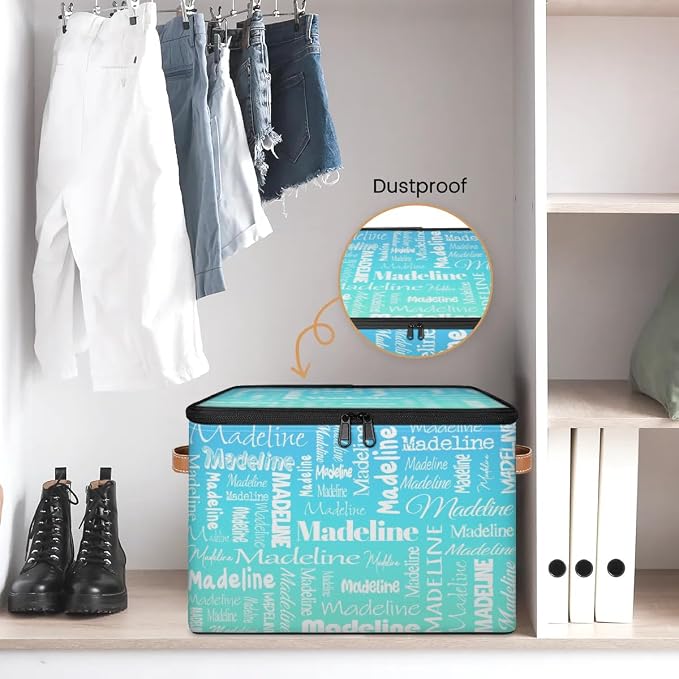 Custom Storage Basket with Name, Personalized Keepsake Box with Zipper Lid, Foldable Fabric Memory Bin Large capacity with Handle Blue Green Gradient