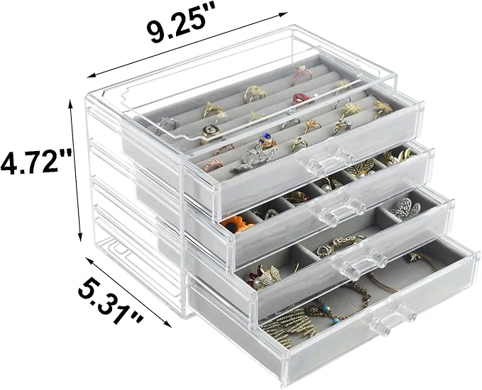 Weiai Acrylic Jewelry Organizer Box 4 Drawer Earring Case Storage for Women Gray