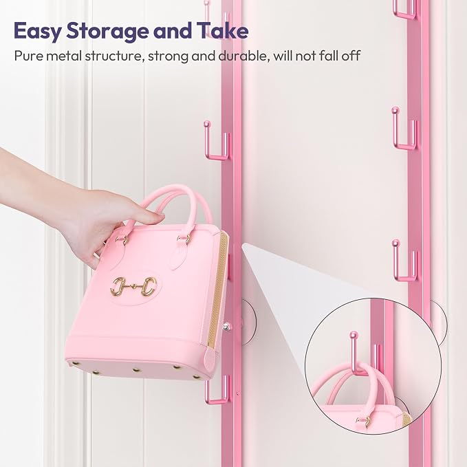 SWTYMIKI Over the Door Purse Organizer - 2 Packs Wall Mounted Purse Rack with 5 Hooks Design, Hanging Handbag Organizer Storage Holds up to 10 Bags, Bag Rack for Closet, Door (Pink)