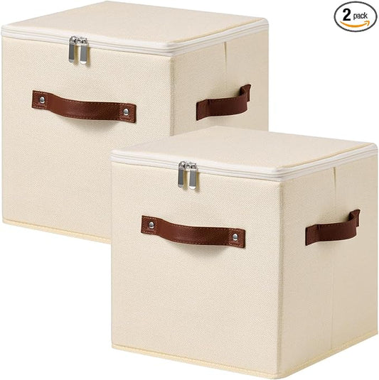 2PCS Storage Cubes with Lid Fabric Storage Bins Boxes PU Leather Handles Cotton Linen Closet Organizer Container Decorative Foldable Washable Shelf Cloth Basket (Zipper Lid, Beige, 11in)