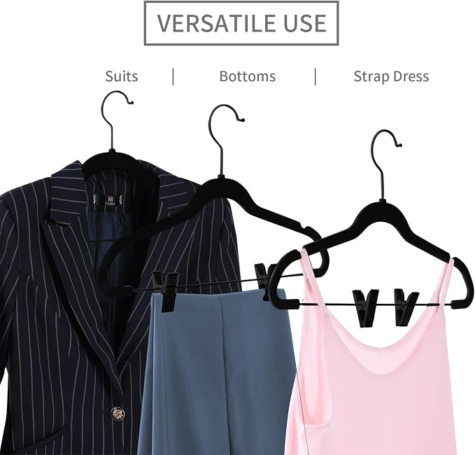 MIZGI Premium All Black Velvet Pants Hangers with Adjustable Clips (Pack of 20) Slim Skirt Hangers- Non Slip Felt Outfit Dress Hangers- Black Hooks,Space Saving Shirt Clothes Hangers
