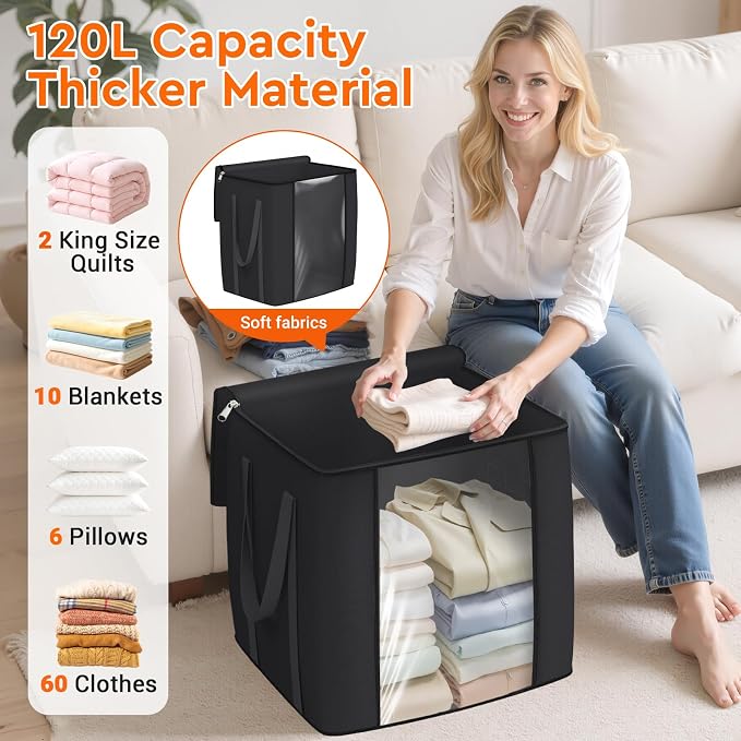 TasticTotes 120L Extra Large Clothes Storage Bags, Foldable Blanket Storage and Organization, Thick Fabric Containers with Reinforced Handles & Zippers for Clothing, Comforters, Bedding, Black, 4 Pack
