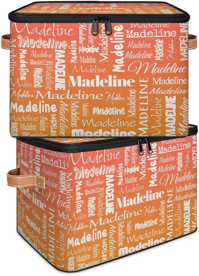 Custom Storage Basket with Name, Personalized Keepsake Box with Zipper Lid, Foldable Fabric Memory Bin Large capacity with Handle Orange